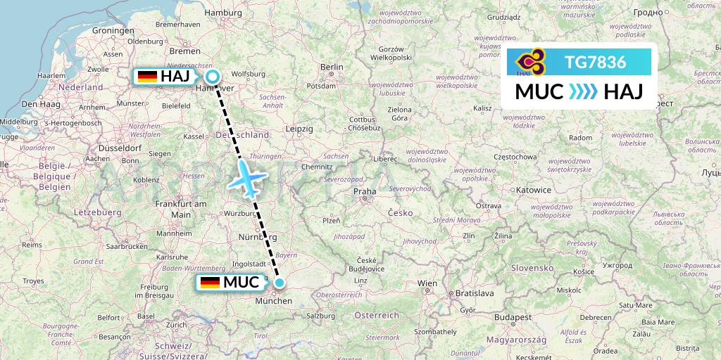 TG7836 Thai Airways Flight Map: Munich to Hannover