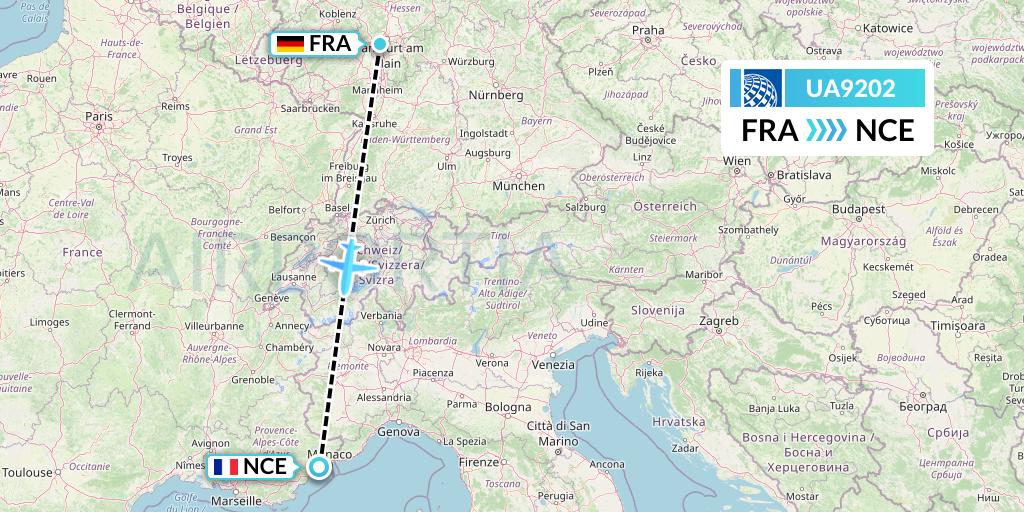 UA9202 United Airlines Flight Map: Frankfurt to Nice