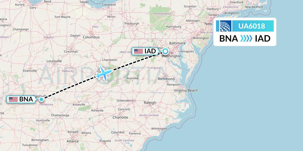UA6018 United Airlines Flight Map: Nashville to Washington