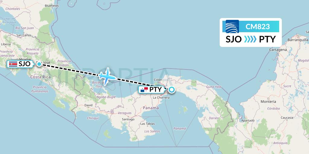 CM823 Copa Airlines Flight Map: San Jose to Panama City