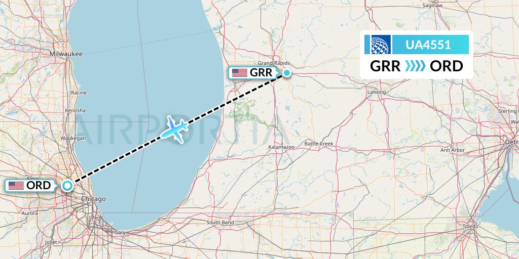 UA4551 United Airlines Flight Map: Grand Rapids to Chicago