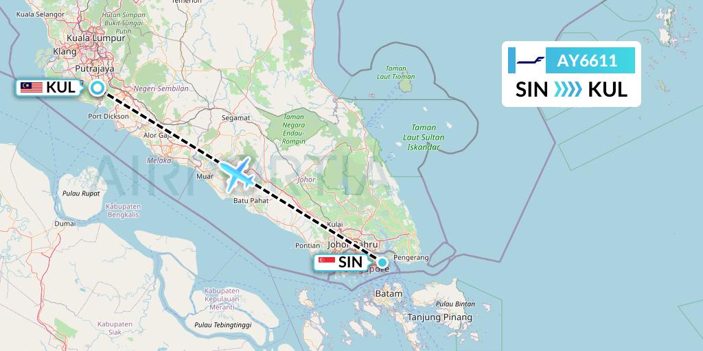 AY6611 Finnair Flight Map: Singapore to Kuala Lumpur