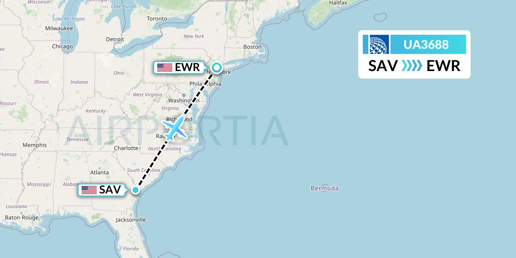 UA3688 United Airlines Flight Map: Savannah to New York