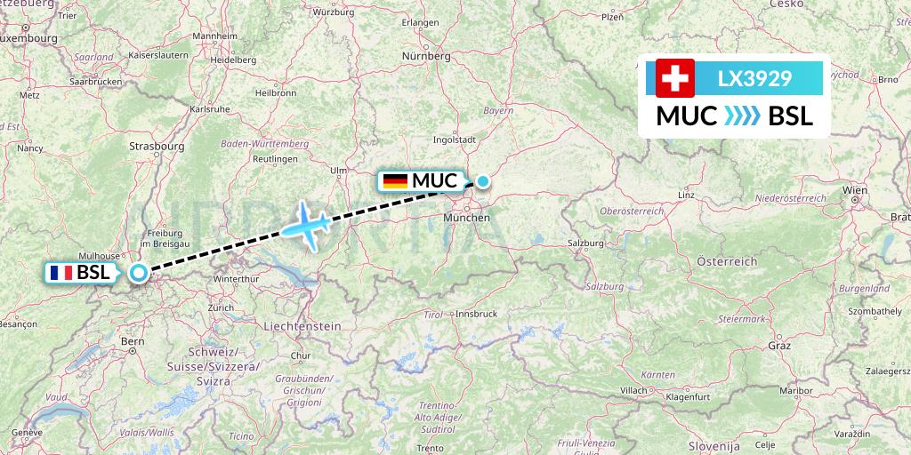 LX3929 Swiss Flight Map: Munich to Basel