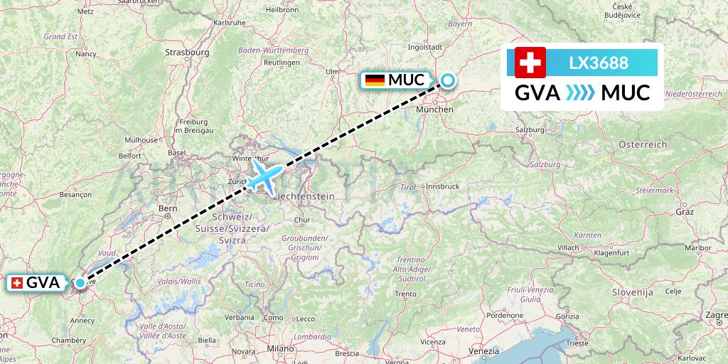 LX3688 Swiss Flight Map: Geneva to Munich