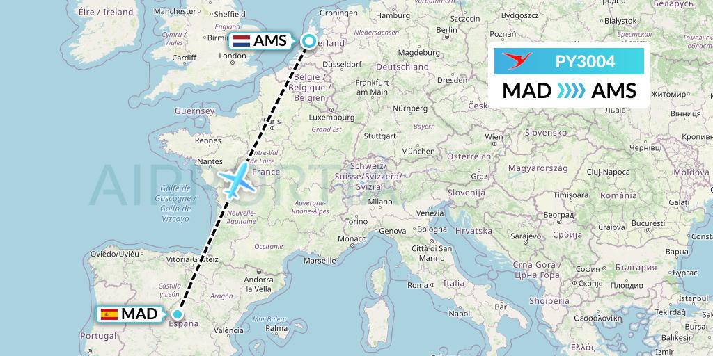 PY3004 Surinam Airways Flight Map: Madrid to Amsterdam