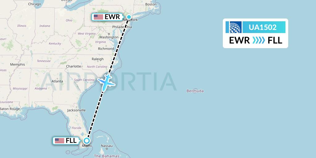 UA1502 United Airlines Flight Map: New York to Fort Lauderdale