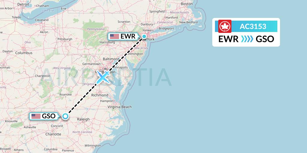 AC3153 Air Canada Flight Map: New York to Greensboro