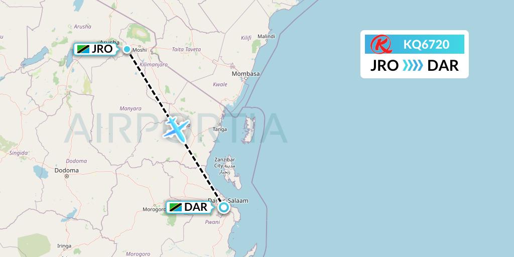 KQ6720 Kenya Airways Flight Map: Kilimanjaro to Dar-es-Salaam