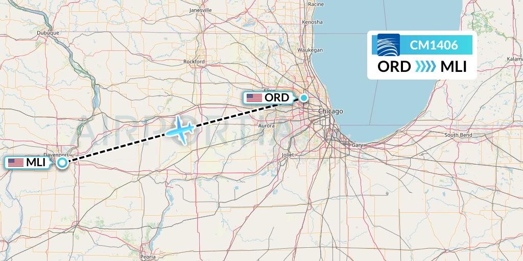 CM1406 Copa Airlines Flight Map: Chicago to Moline