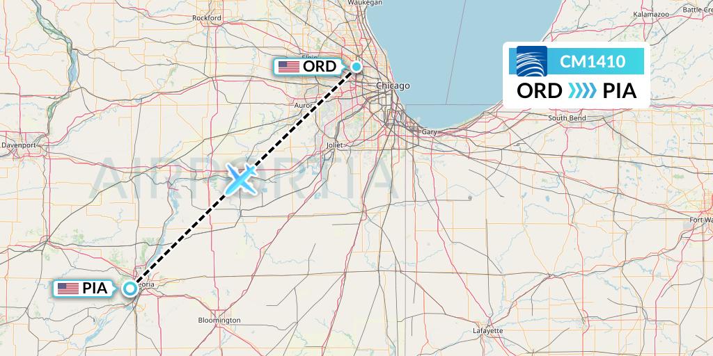 CM1410 Copa Airlines Flight Map: Chicago to Peoria
