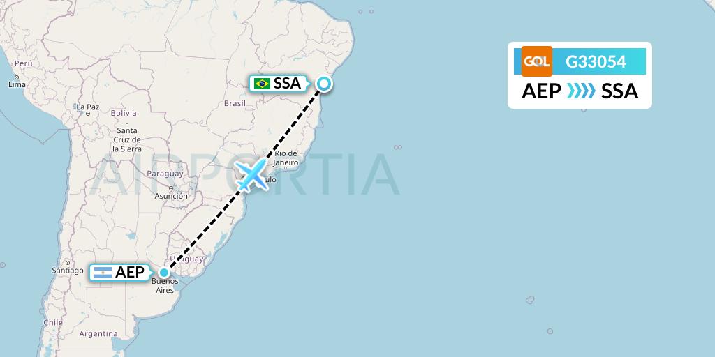 G33054 GOL Transportes Aeros Flight Map: Buenos Aires to Salvador
