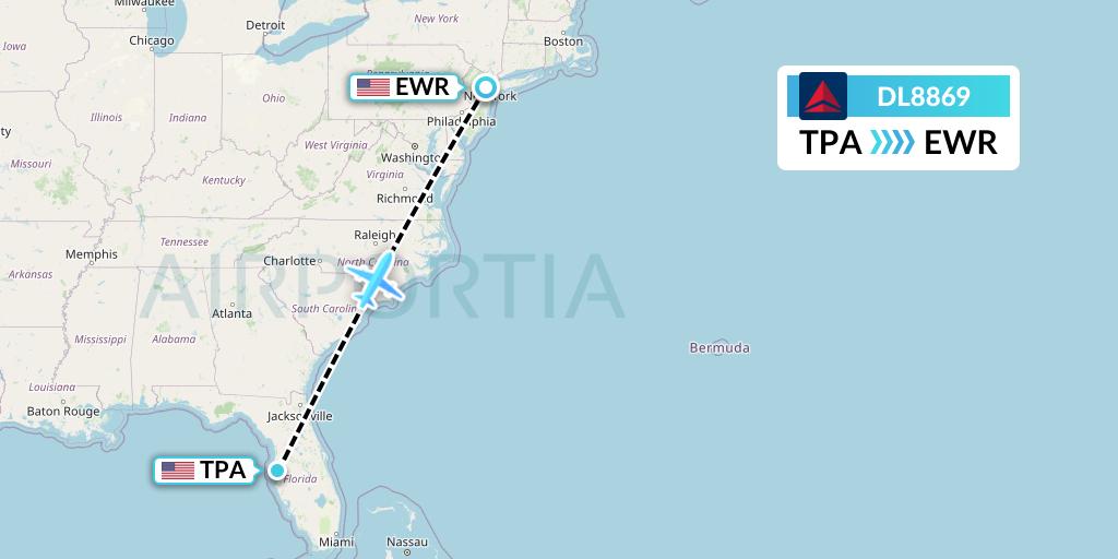 DL8869 Delta Air Lines Flight Map: Tampa to New York