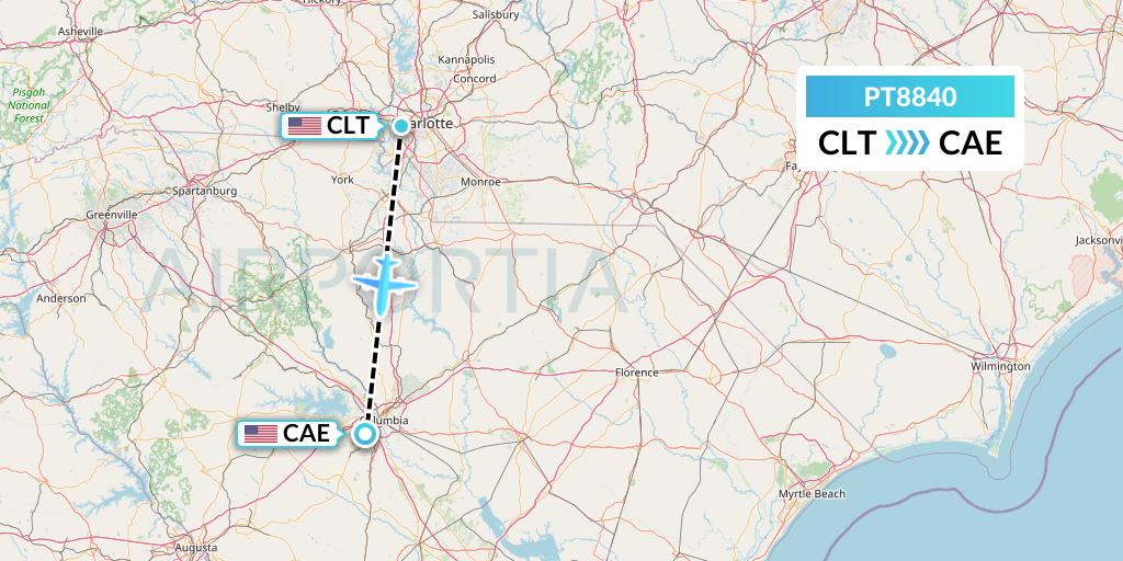 PT8840 Piedmont Airlines Flight Map: Charlotte to Columbia