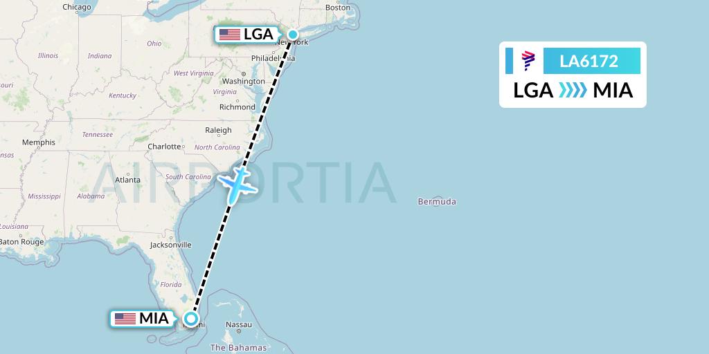 LA6172 LAN Airlines Flight Map: New York to Miami
