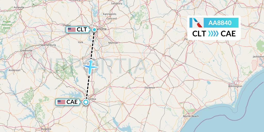 AA8840 American Airlines Flight Map: Charlotte to Columbia