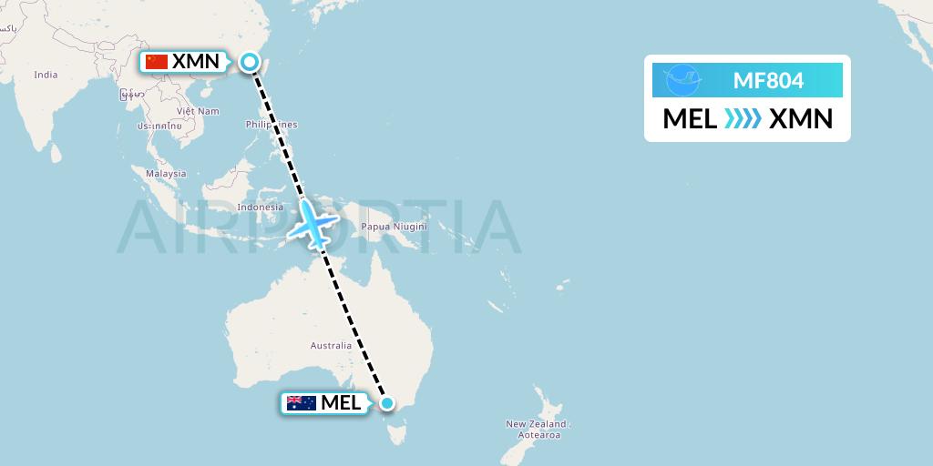 MF804 Xiamen Airlines Flight Map: Melbourne to Xiamen
