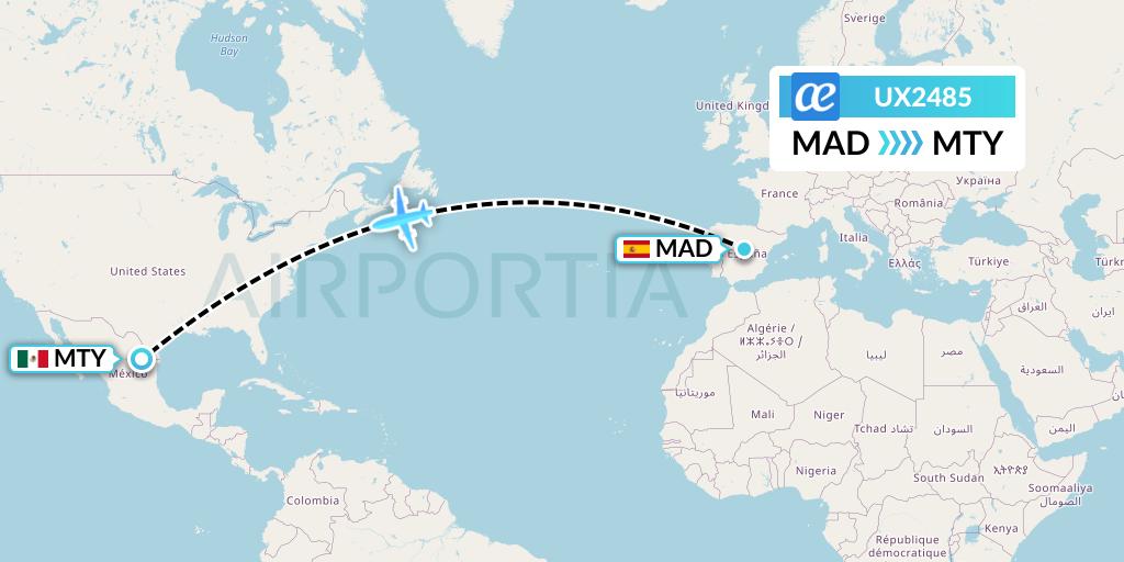 UX2485 Air Europa Flight Map: Madrid to Monterrey