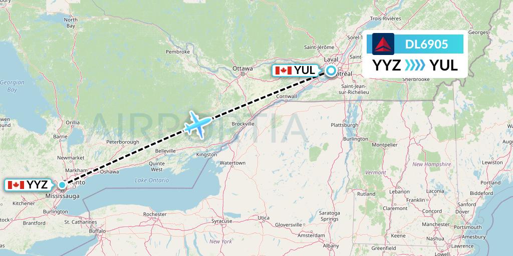 DL6905 Delta Air Lines Flight Map: Toronto to Montreal