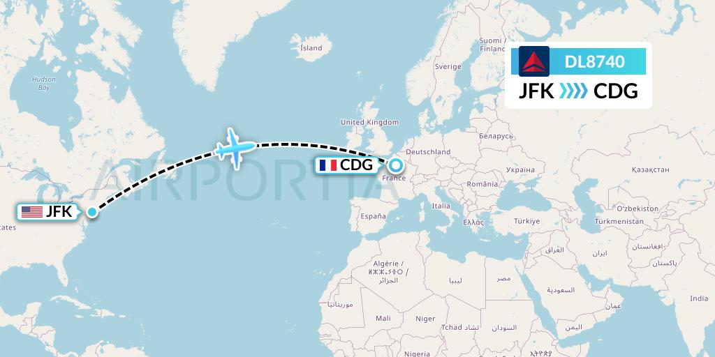 DL8740 Delta Air Lines Flight Map: New York to Paris