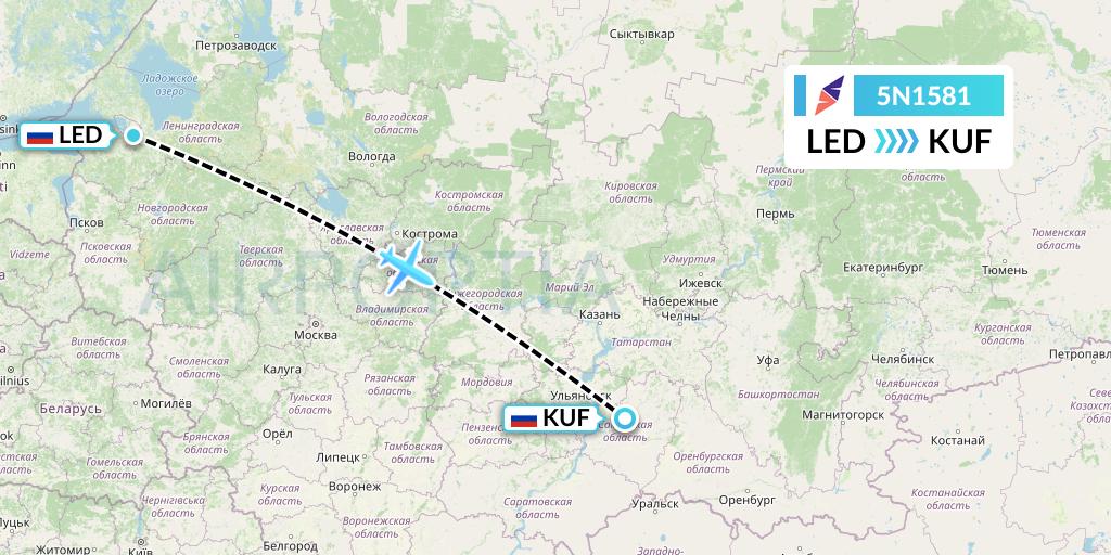 5N1581 Nordavia Flight Map: St. Petersburg to Samara