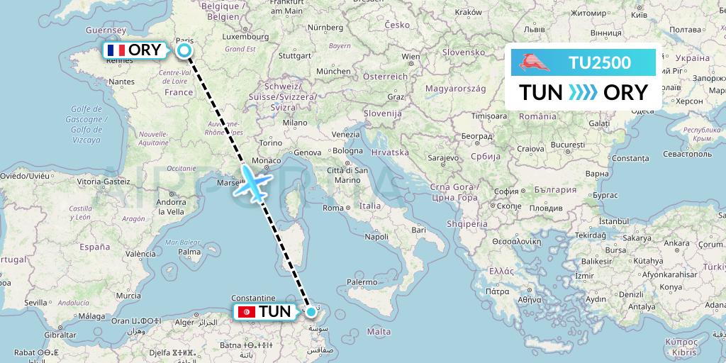 TU2500 Tunisair Flight Map: Tunis to Paris