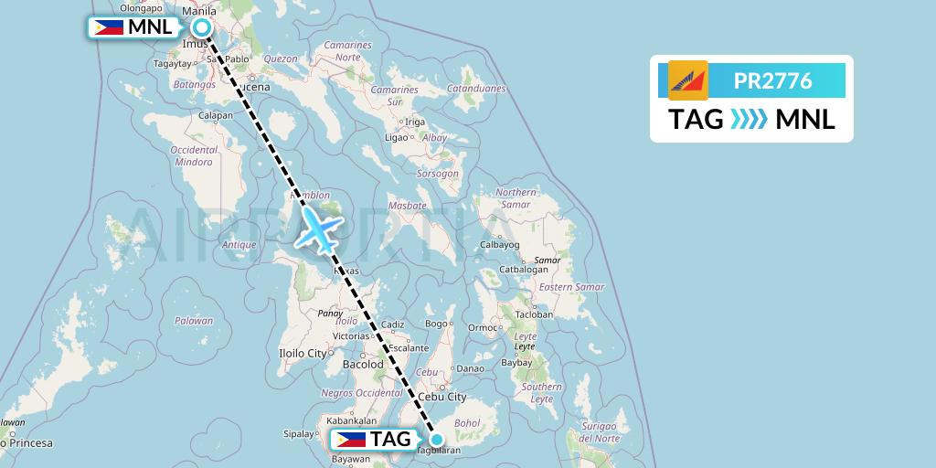 PR2776 Philippine Airlines Flight Map: Tagbilaran City to Manila