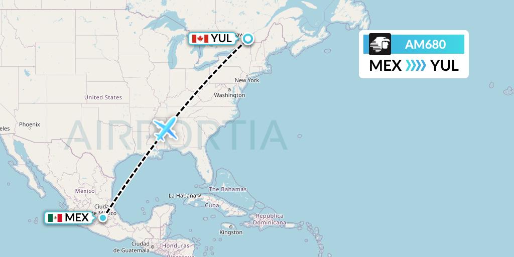 AM680 Aeromexico Flight Map: Mexico City to Montreal