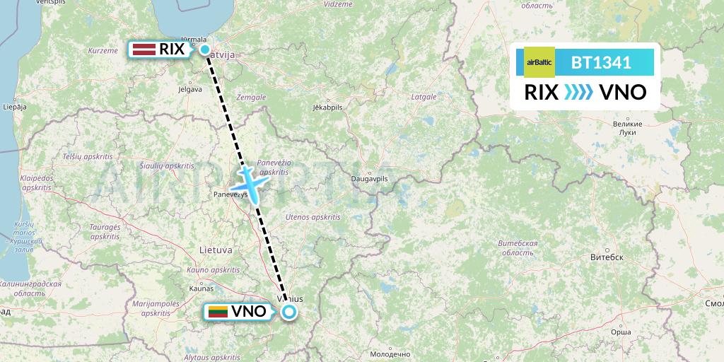 BT1341 Air Baltic Flight Map: Riga to Vilnius