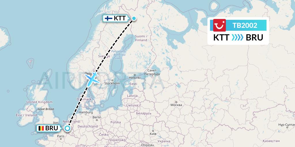 TB2002 TUI fly Belgium Flight Map: Kittila to Brussels