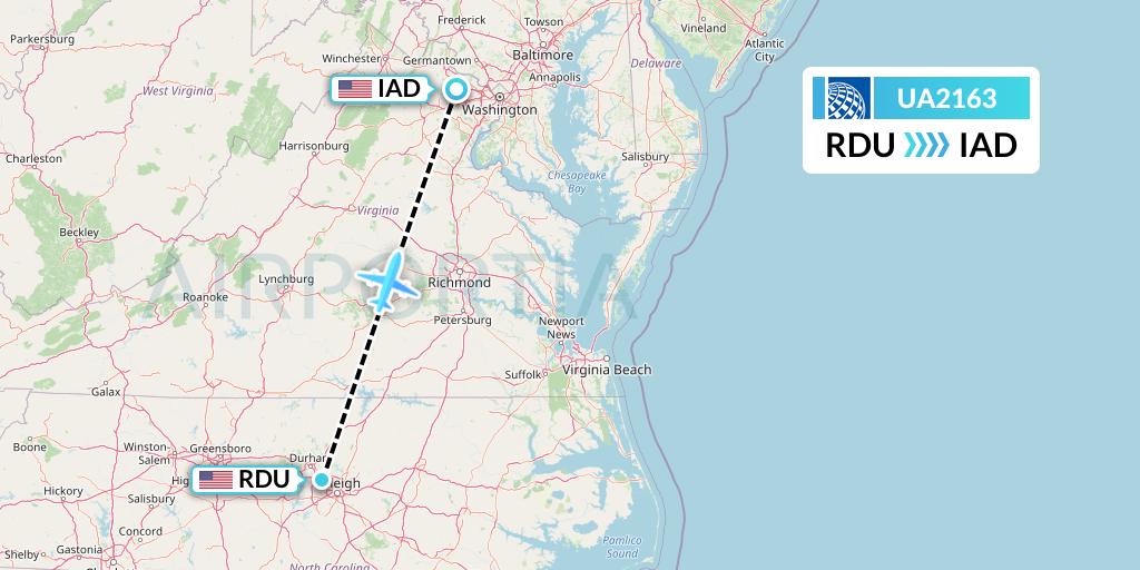 UA2163 United Airlines Flight Map: Raleigh-Durham to Washington