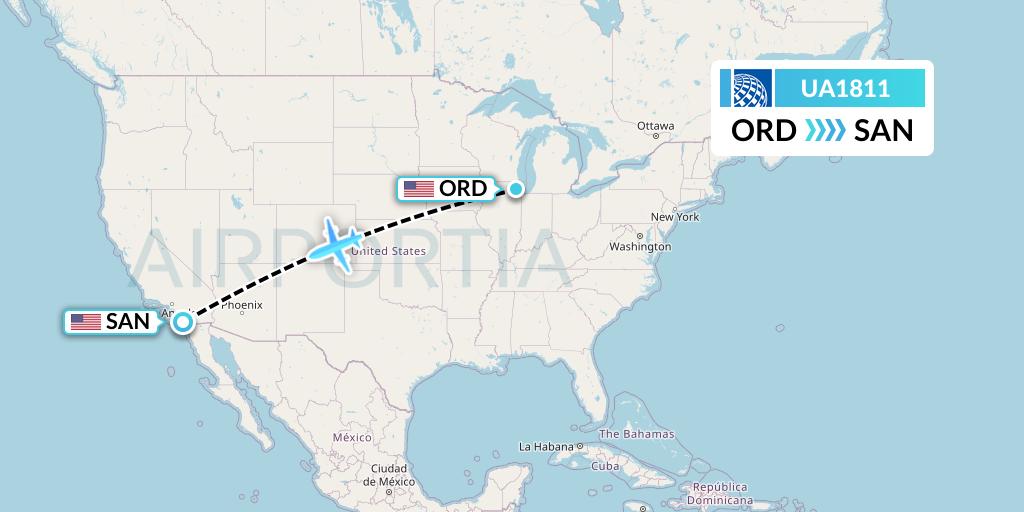 UA1811 United Airlines Flight Map: Chicago to San Diego