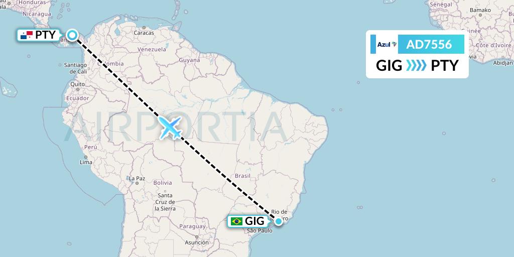 AD7556 Azul Brazilian Airlines Flight Map: Rio de Janeiro to Panama City