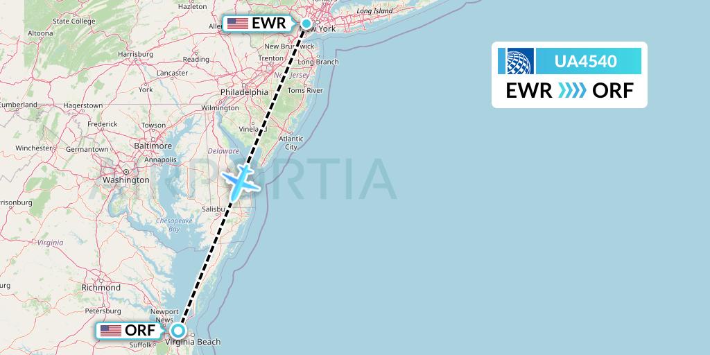 UA4540 United Airlines Flight Map: New York to Norfolk