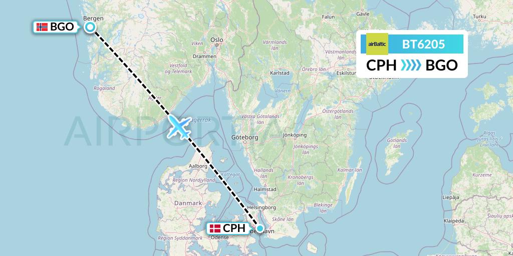 BT6205 Air Baltic Flight Map: Copenhagen to Bergen
