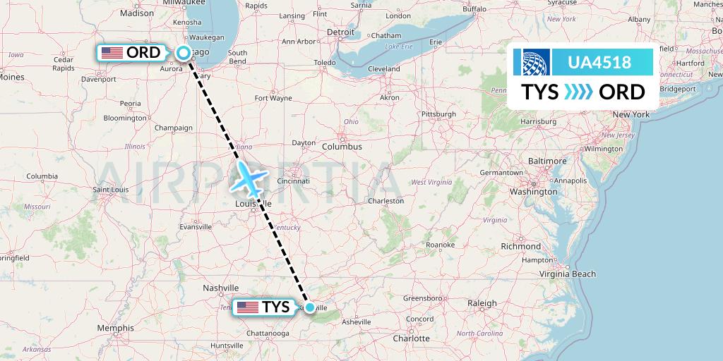 UA4518 United Airlines Flight Map: Knoxville to Chicago