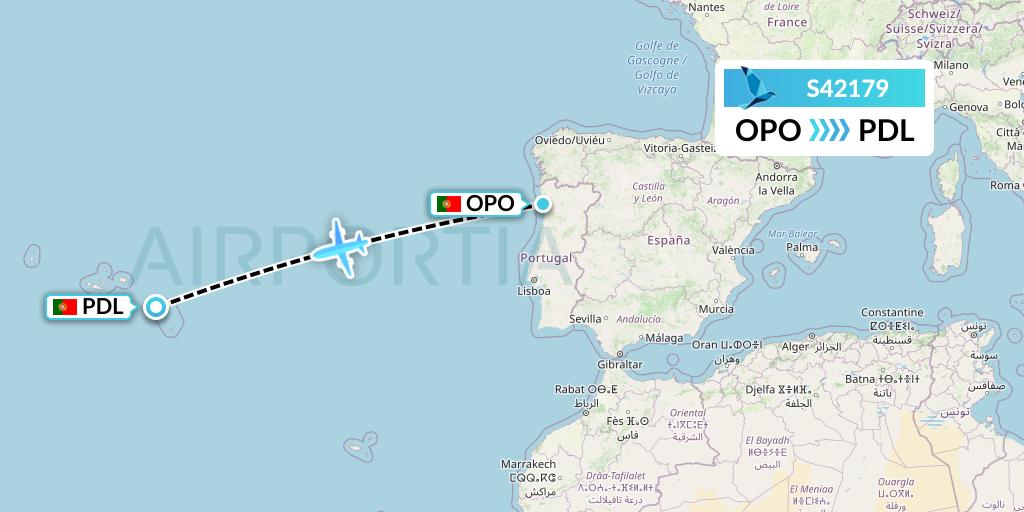 S42179 Azores Airlines Flight Map: Porto to Ponta Delgada