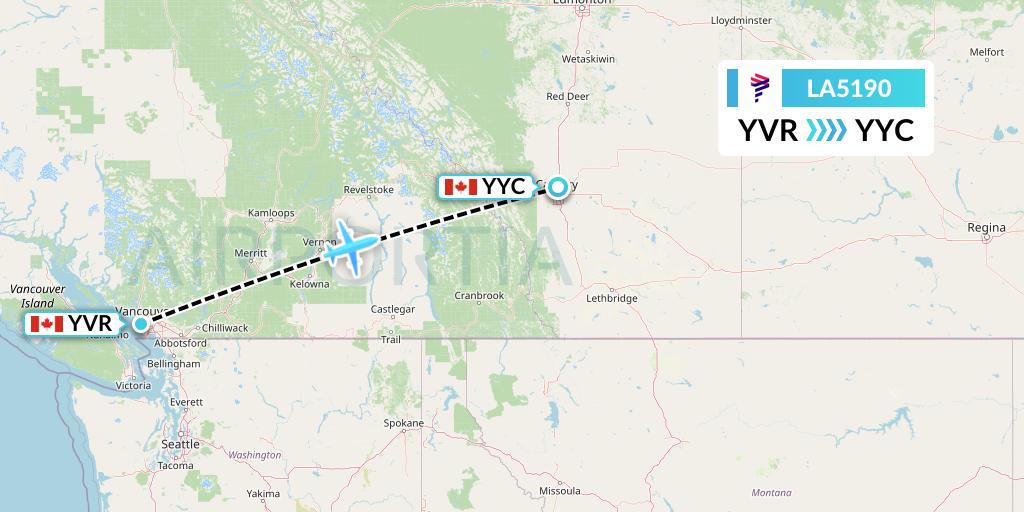 LA5190 LAN Airlines Flight Map: Vancouver to Calgary
