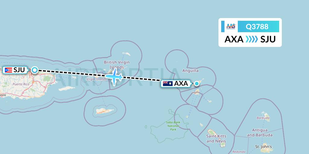 Q3788 Anguilla Air Services Flight Map: The Valley to San Juan