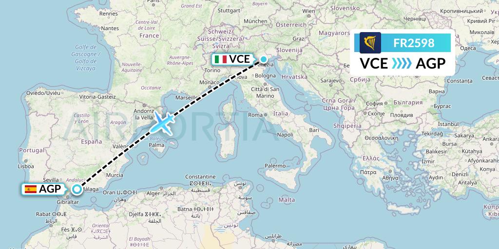 FR2598 Ryanair Flight Map: Venice to Malaga