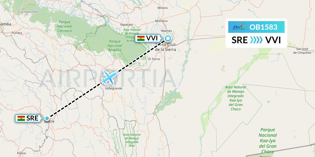 OB1583 Boliviana de Aviacion Flight Map: Sucre to Santa Cruz