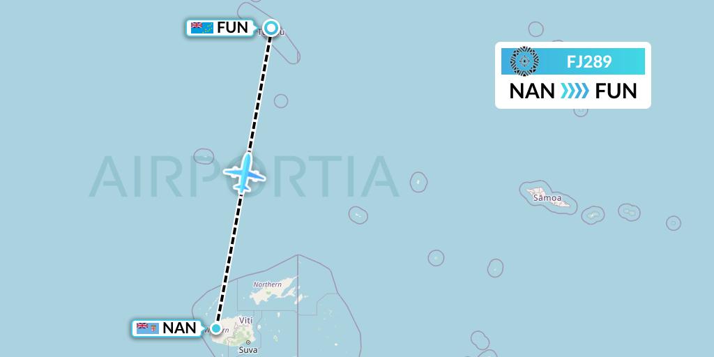 FJ289 Fiji Airways Flight Map: Nadi to Funafuti