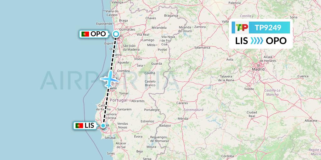 TP9249 TAP Portugal Flight Map: Lisbon to Porto
