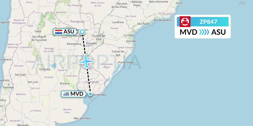 ZP847 Paranair Flight Map: Montevideo to Asuncion