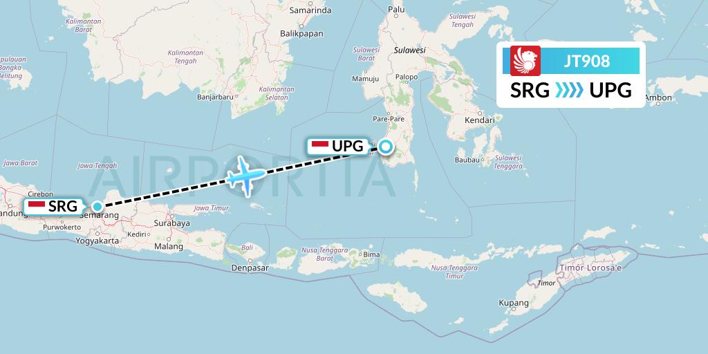 JT908 Lion Airlines Flight Map: Semarang to Makassar