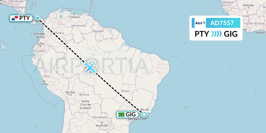 AD7557 Azul Brazilian Airlines Flight Map: Panama City to Rio de Janeiro