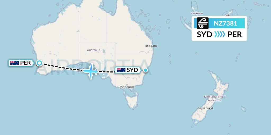NZ7381 Air New Zealand Flight Map: Sydney to Perth