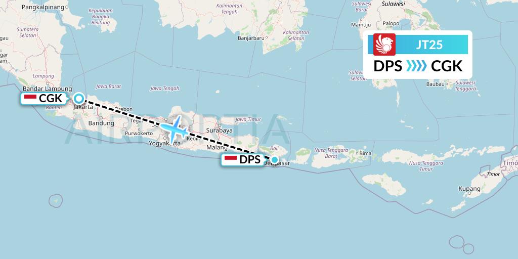 JT25 Lion Airlines Flight Map: Denpasar to Jakarta