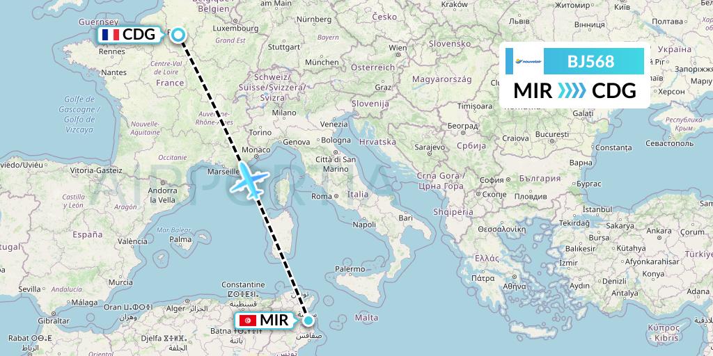 BJ568 Nouvelair Tunisie Flight Map: Monastir to Paris