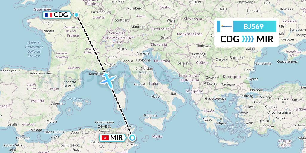 BJ569 Nouvelair Tunisie Flight Map: Paris to Monastir